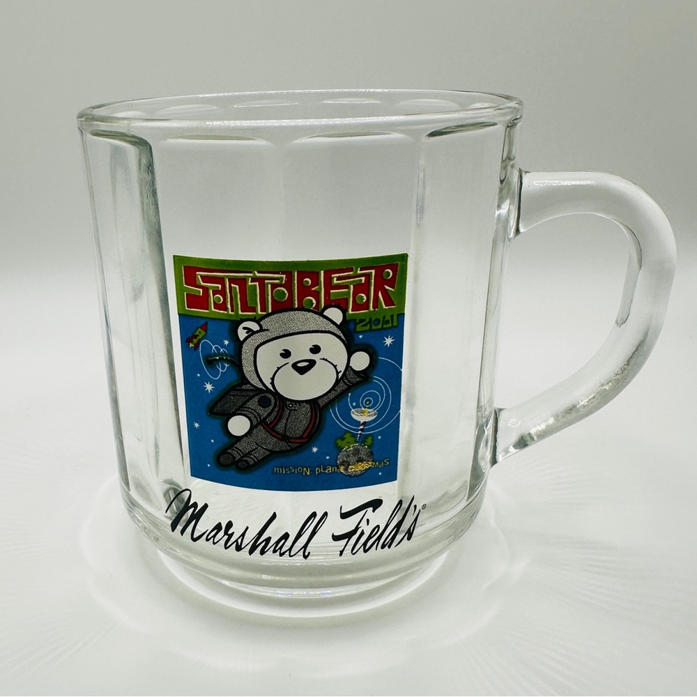 Marshall Field's Clear Glass Coffee Mug with Bear Design